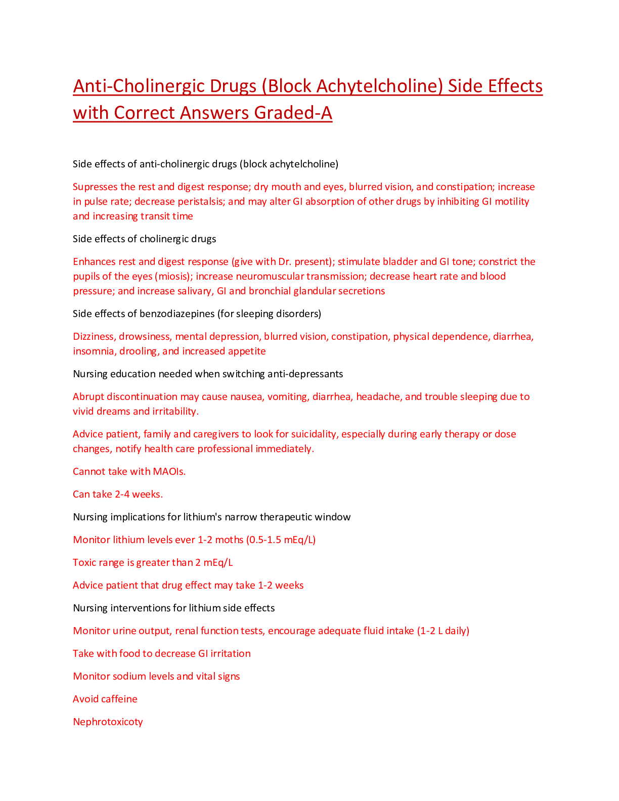 Preview image for Anti-Cholinergic Drugs (Block Achytelcholine) Side Effects with Correct Answers Graded-A